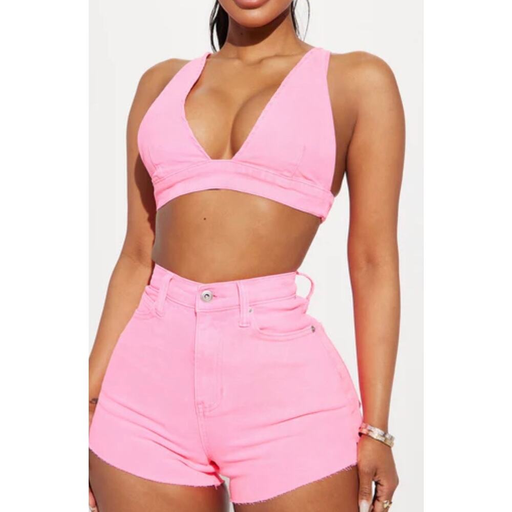 All The Hype Denim Bralette Top - Neon Pink